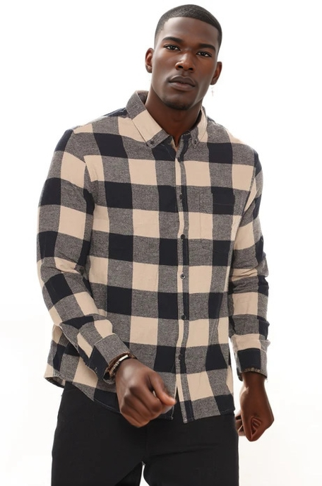 On The Boulevard Long Sleeve Flannel Shirt - Khaki/combo - Elohim