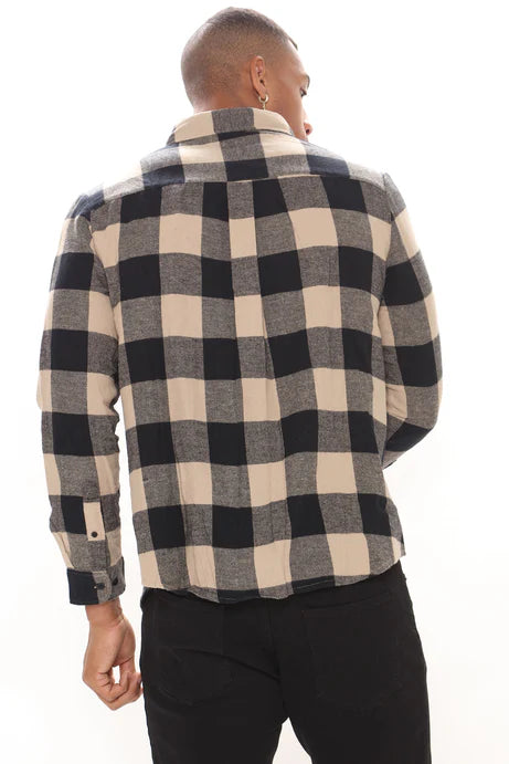 On The Boulevard Long Sleeve Flannel Shirt - Khaki/combo - Elohim