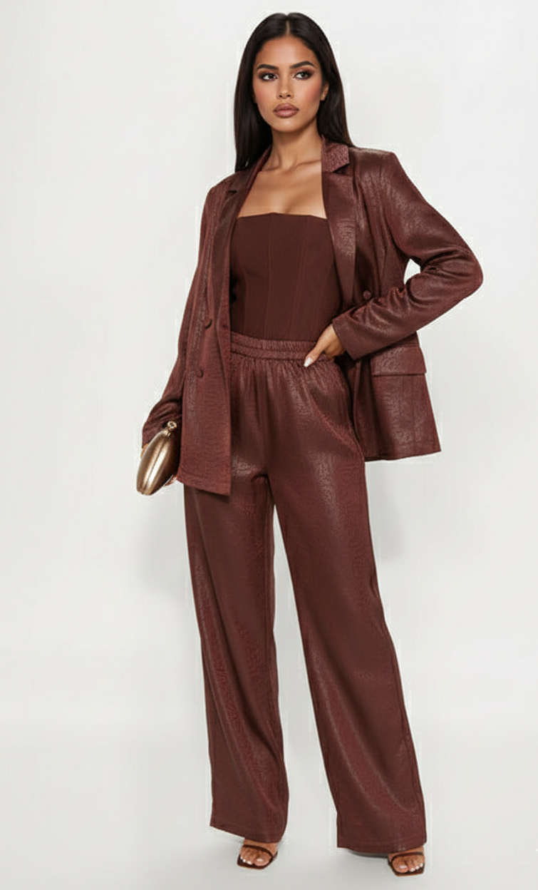 Satin pant set-Brown