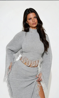Mona Fringe Trim Sweater Skirt Set - Grey - Elohim