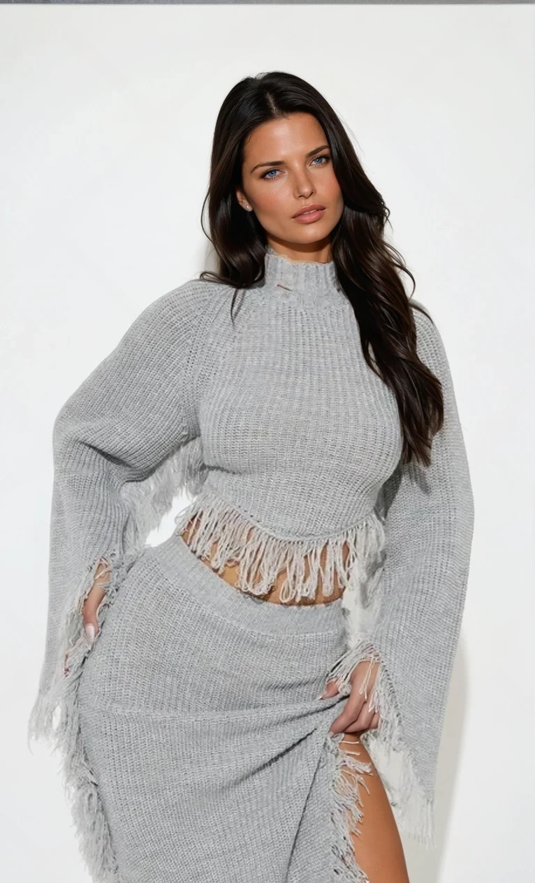 Mona Fringe Trim Sweater Skirt Set - Grey - Elohim