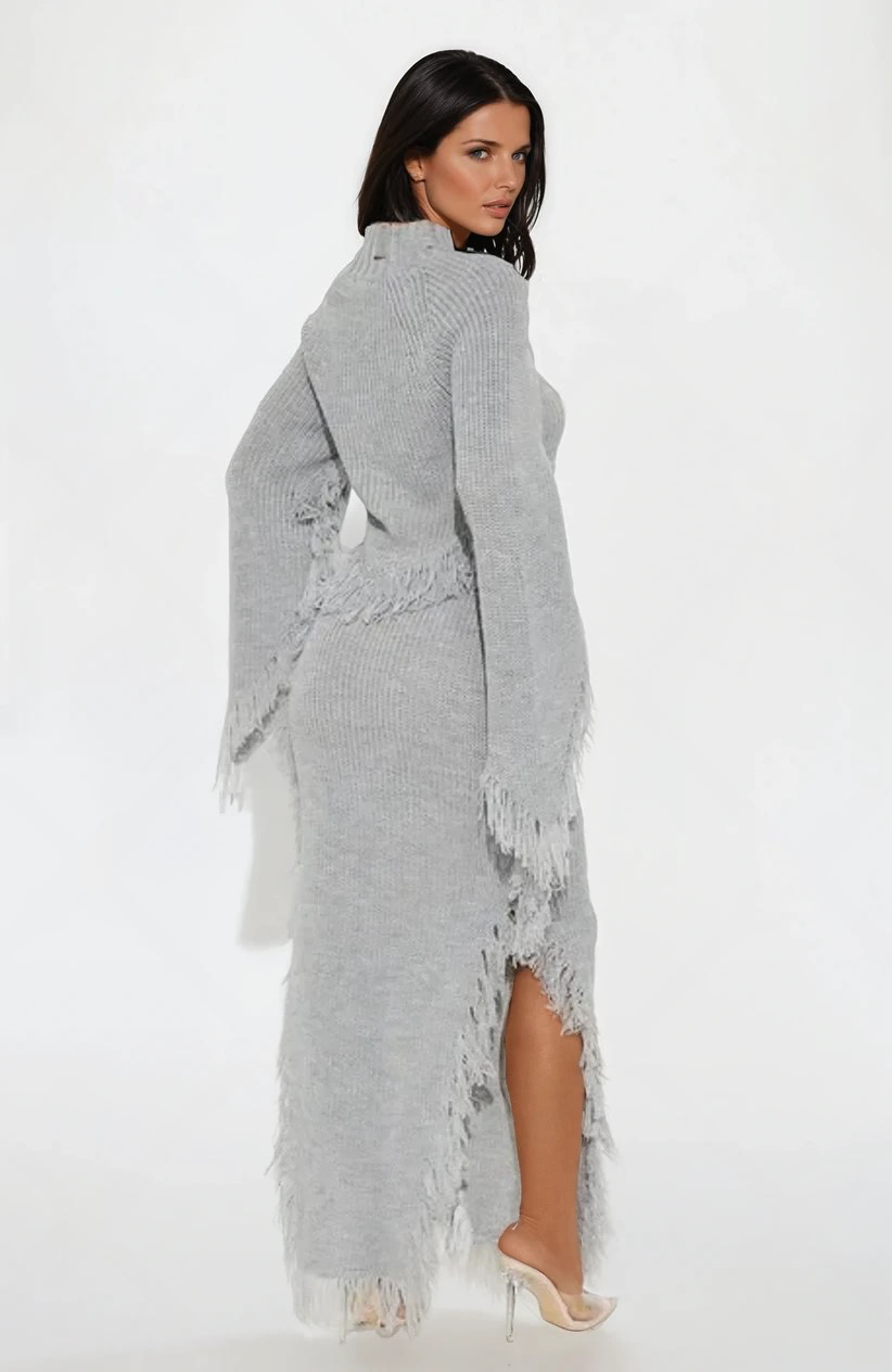 Mona Fringe Trim Sweater Skirt Set - Grey - Elohim