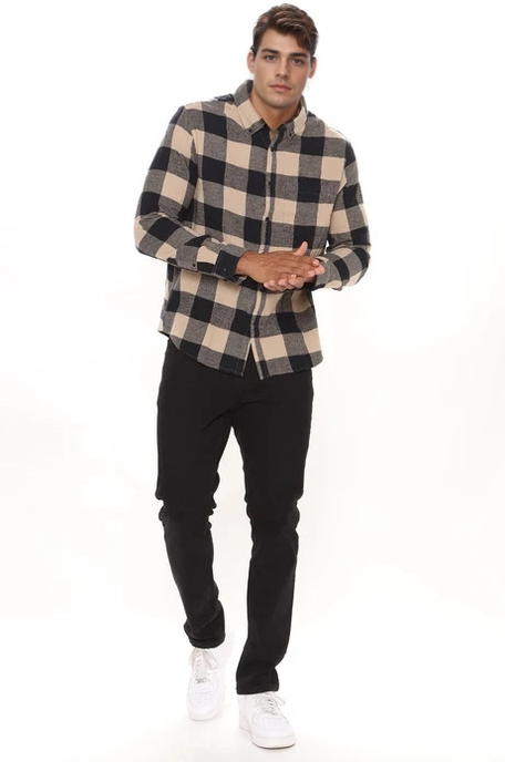 On The Boulevard Long Sleeve Flannel Shirt - Khaki/combo - Elohim