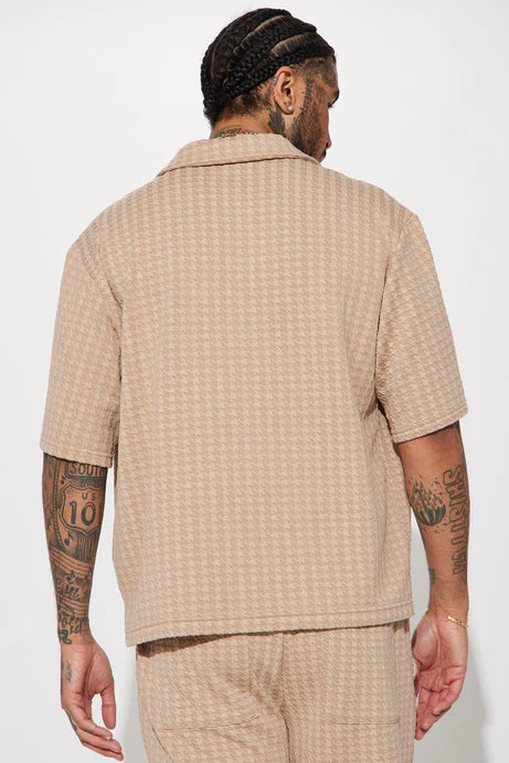 Follow Me Textured Short Sleeve Button Up - Tan - Elohim