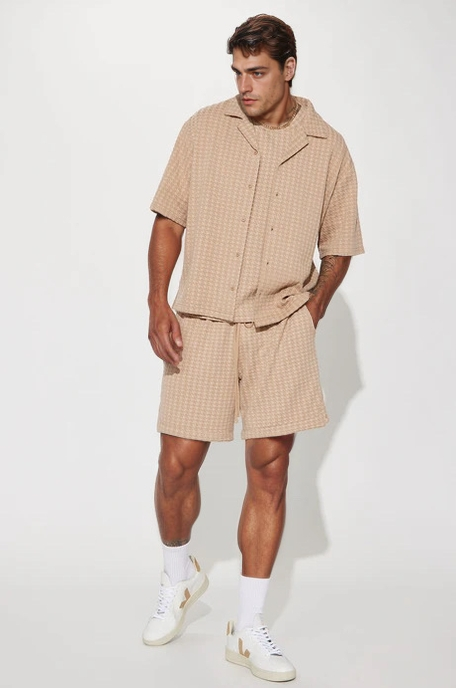 Follow Me Textured Short Sleeve Button Up - Tan - Elohim