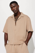 Follow Me Textured Short Sleeve Button Up - Tan - Elohim