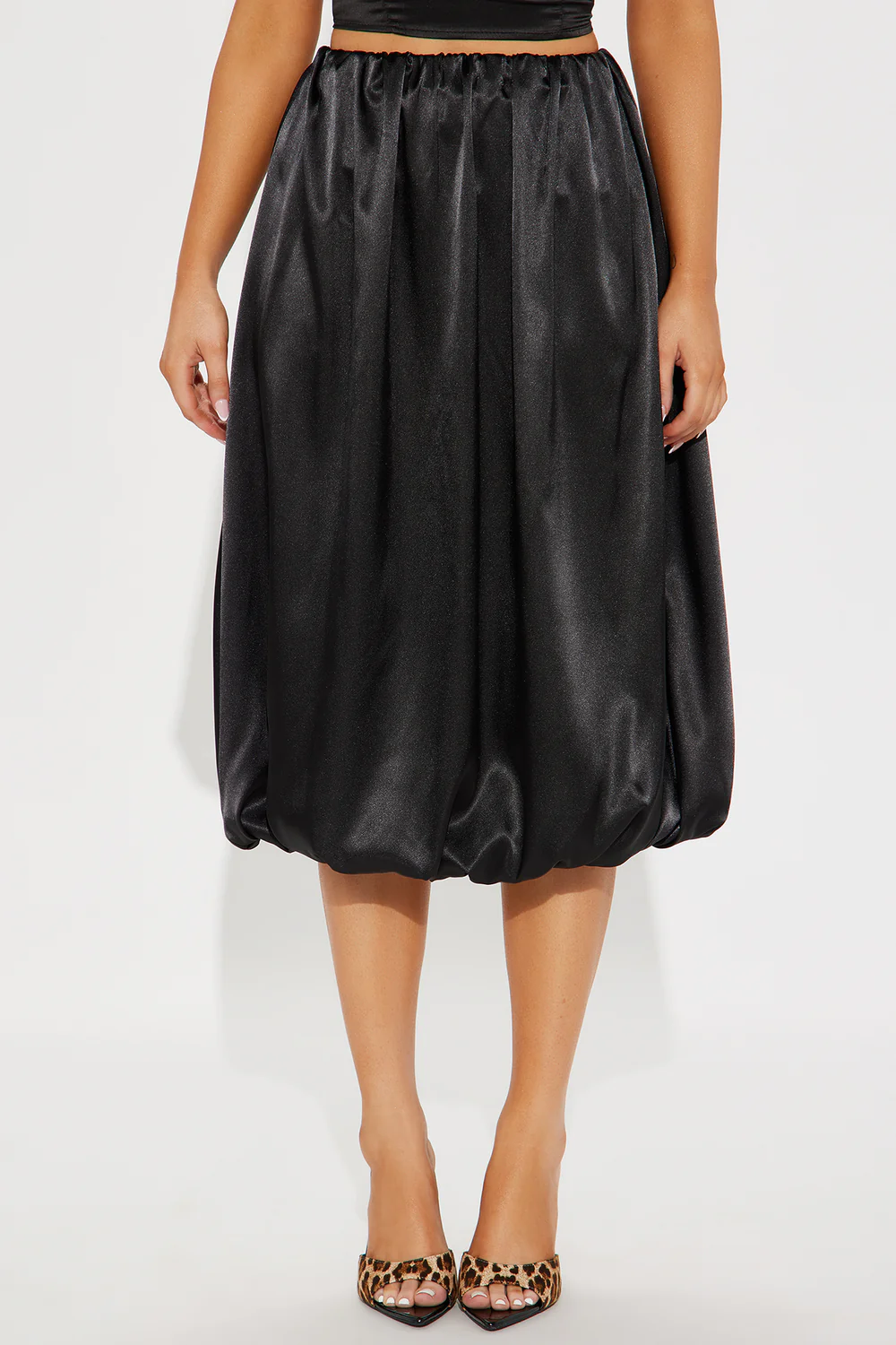 That Satin Bubble Midi Skirt - Black - Elohim