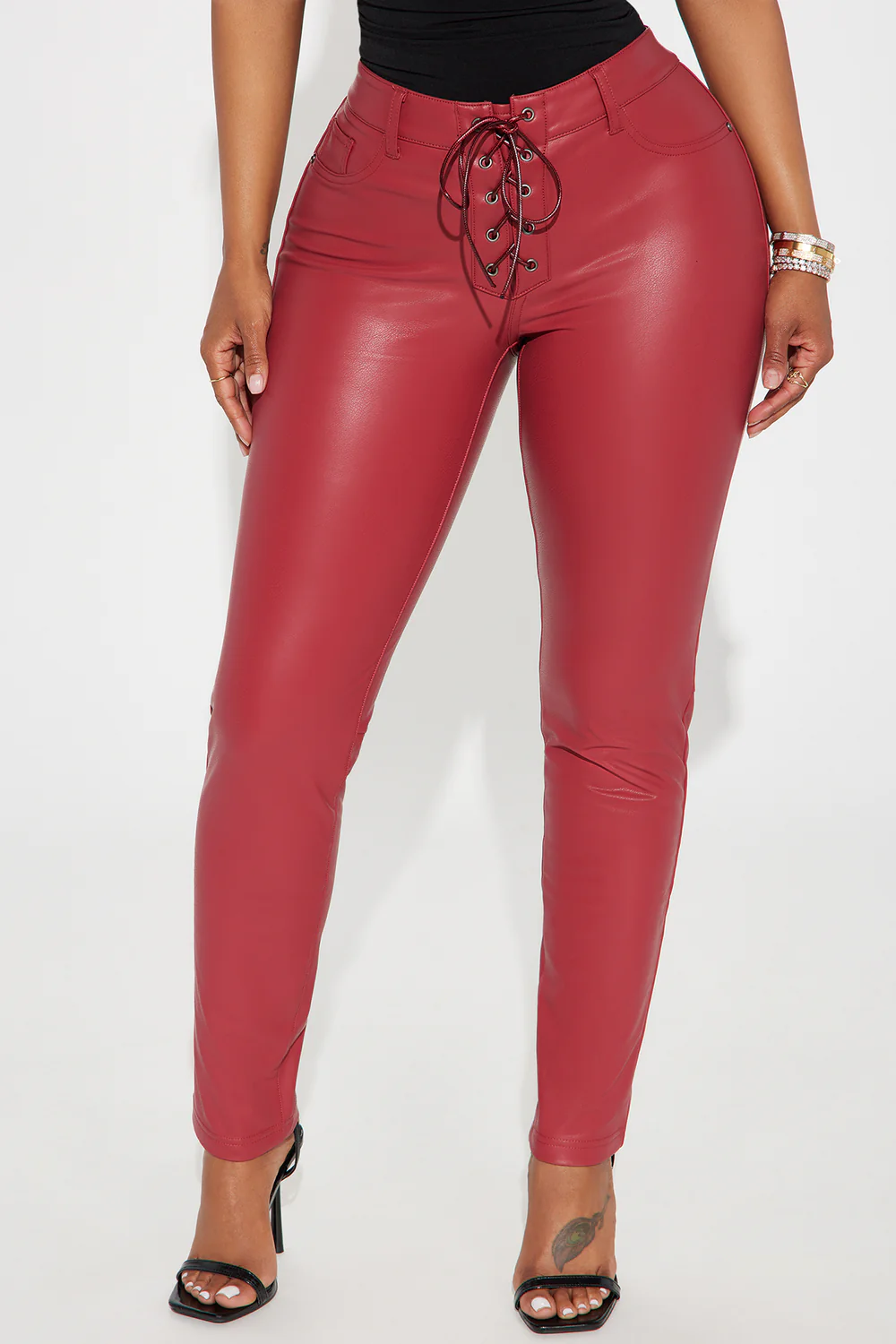 Latest fashion is here Faux Leather Skinny Pant - Brick Red - Elohim